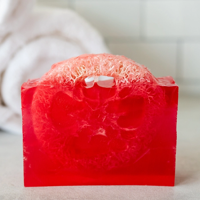 Red loofah soap.