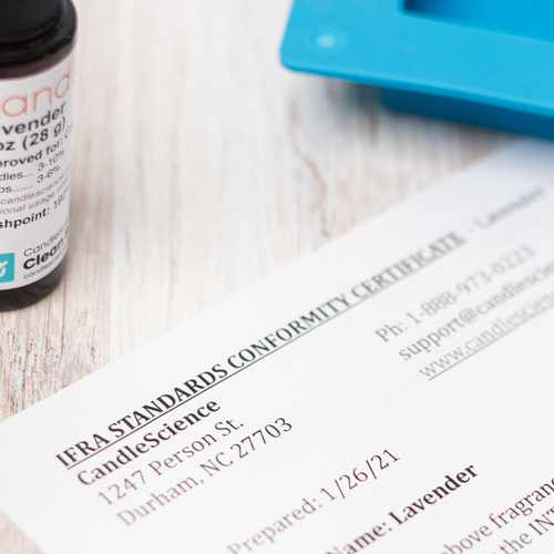 A close-up view of an IFRA certificate for a CandleScience fragrance oil