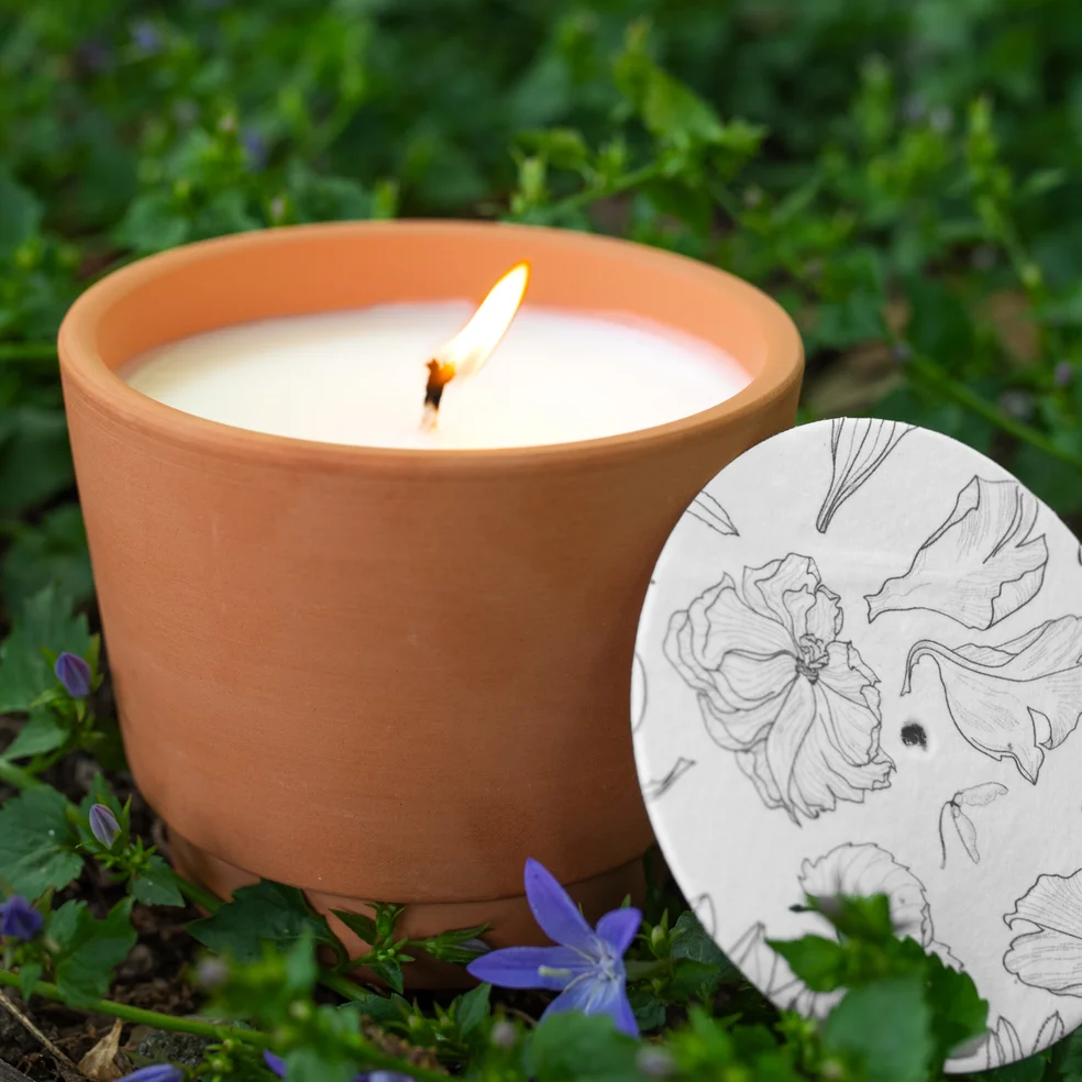 terracotta pot with seed over and lit candle